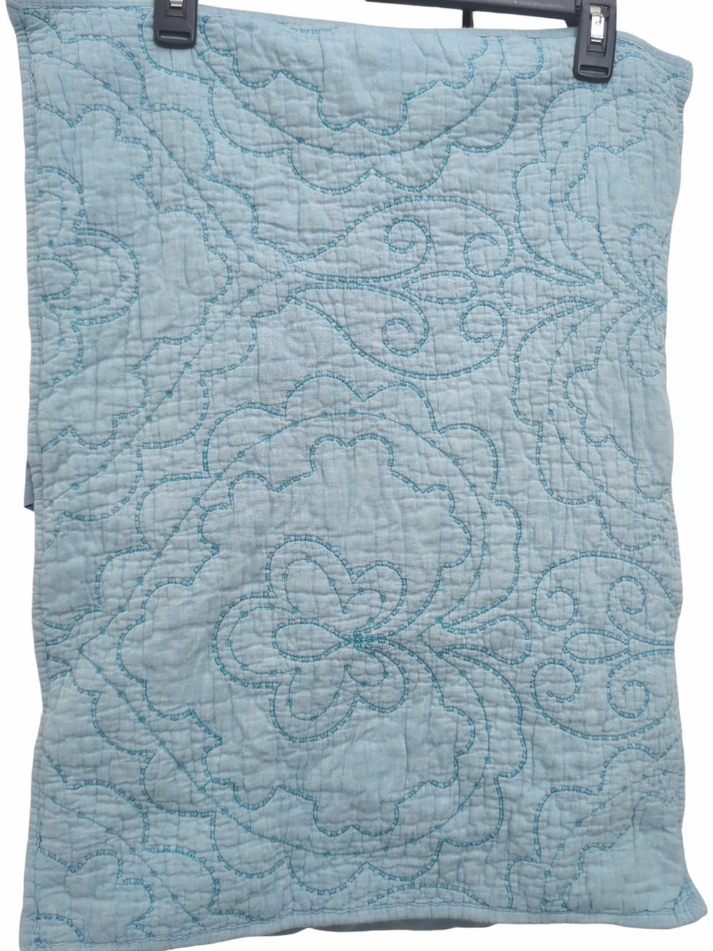 Vintage French Antik Batik Quilted Pillow Shams Pair Blue Cotton Standard Boho